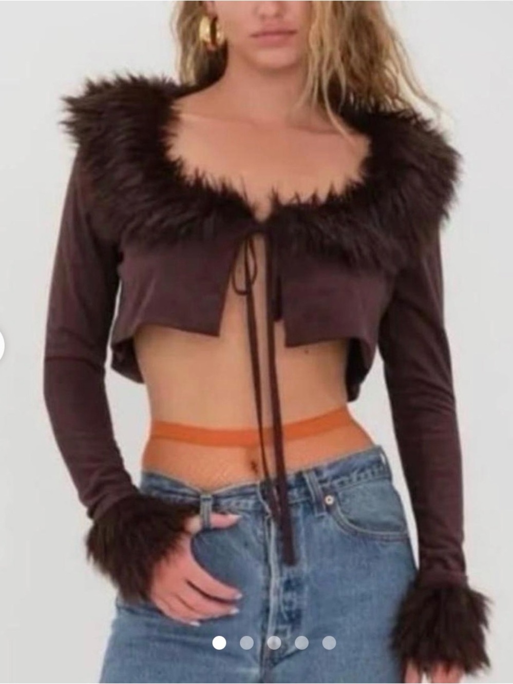 For Love & Lemons Brown Faux Fur Trim Cropped Cape Jacket